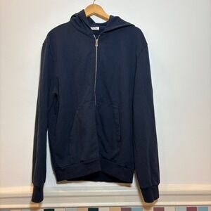 There Was One Dark Navy Blue Zip Up Hoodie Sweatshirt Men's Medium Organic Italy